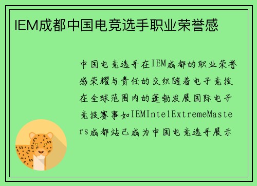 IEM成都中国电竞选手职业荣誉感