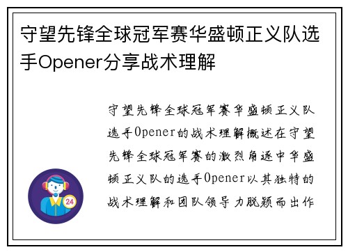 守望先锋全球冠军赛华盛顿正义队选手Opener分享战术理解